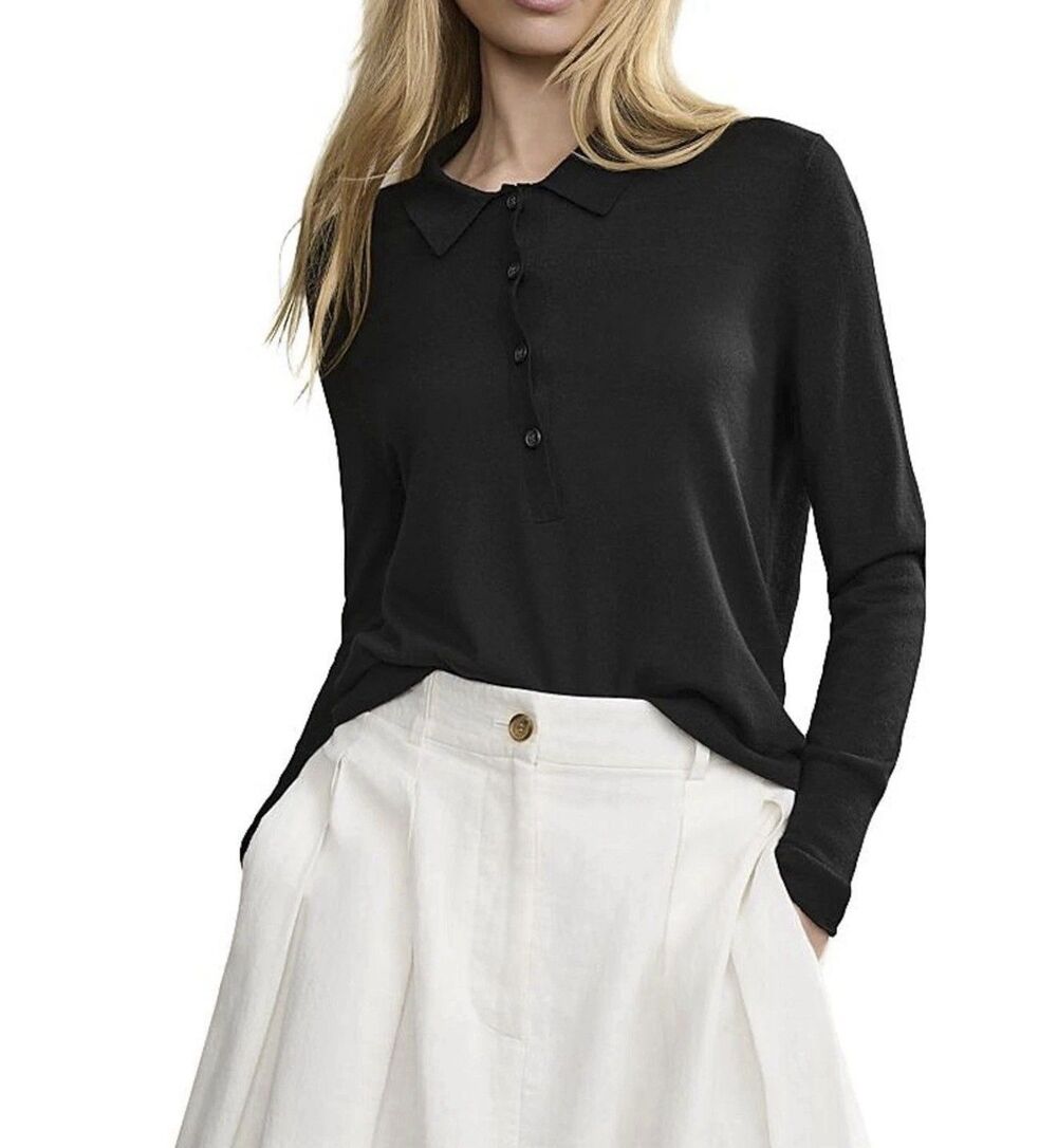 Jenni Kayne Grayson Merino Wool Polo Sweater Sz XS Black Quiet Luxury Minimalist